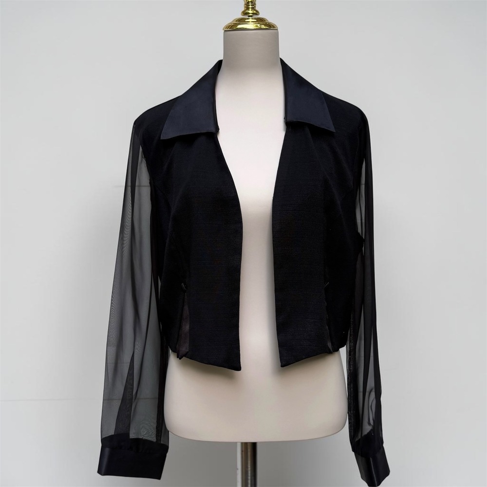VTG 90s Cropped Jacket M Black Sheer Mesh Sleeve Satin Bolero Goth Dark Romantic